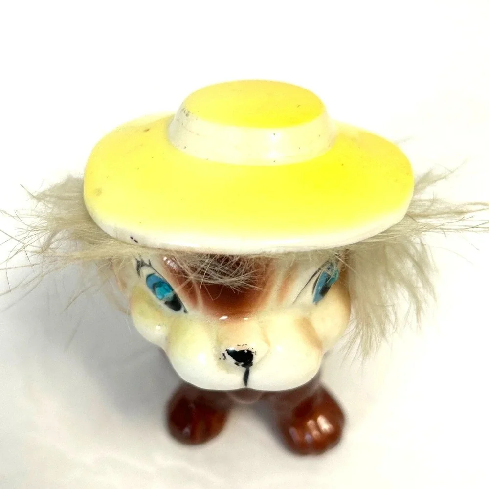 Vintage Kriess Ceramic Puppy Dog With Yellow Hat and‎ Real Fur